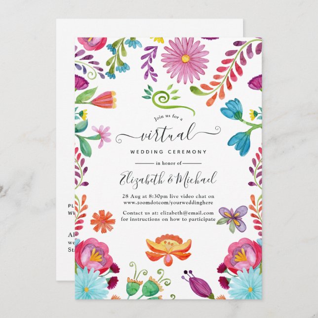 Invitation Aquarelle Florale mexicaine Fiesta Mariage virtuel (Devant / Derrière)