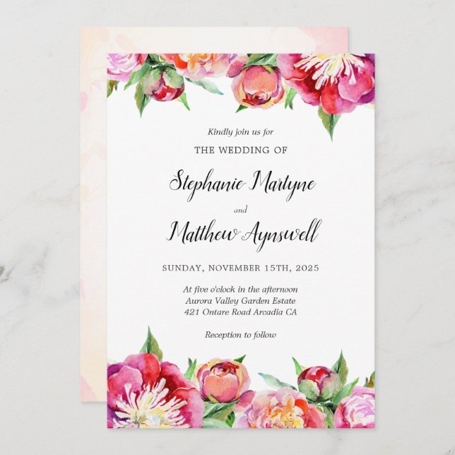 Invitation Aquarelle florale moderne Mariage de pivoine de co (Devant / Derrière)