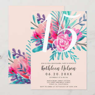 Invitation Aquarelle florale moderne Quinceanera rose au néon