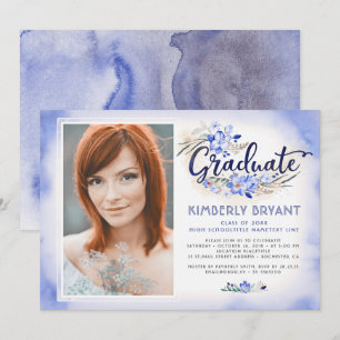 Invitation Aquarelle florale moderne Script Graduation Photo