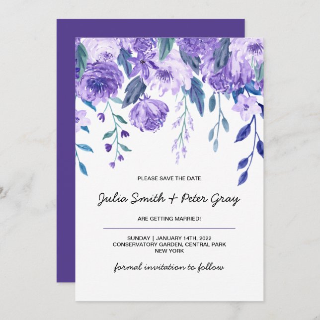 Invitation Aquarelle Florale moderne Violet Enregistrer la da (Devant / Derrière)