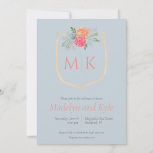 Invitation Aquarelle Florale Monogram Crest Fête des mariées