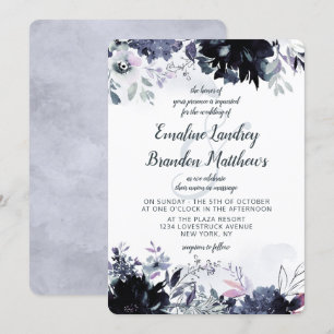 Invitation Aquarelle florale Nocturne Dusty Mariage bleu