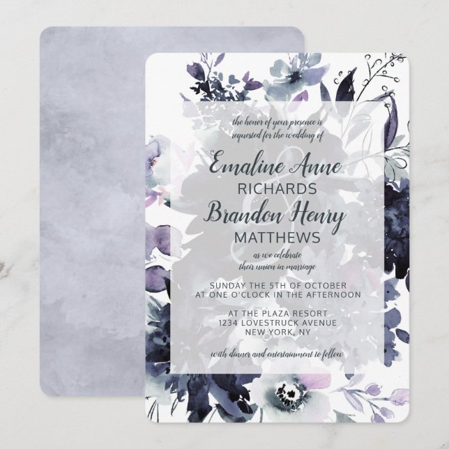 Invitation Aquarelle florale Nocturne Dusty Mariage bleu (Devant / Derrière)