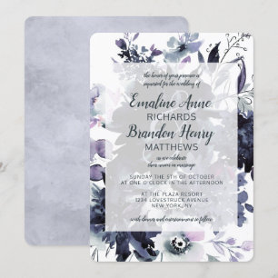 Invitation Aquarelle florale Nocturne Dusty Mariage bleu