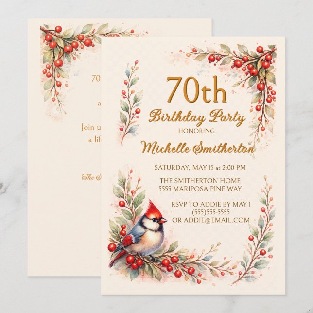 Invitation Aquarelle florale oiseau cardinal 70e anniversaire (Devant / Derrière)
