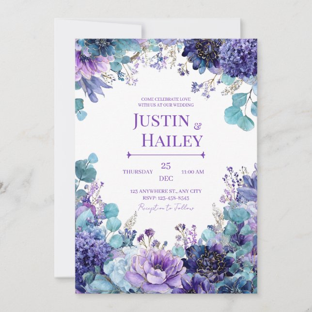 Invitation Aquarelle Florale Or Indigo Violet Élégant (Devant)