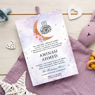 Invitation Aquarelle Florale or lune violet Aqeeqa islamique