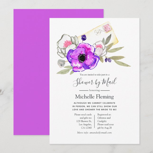 Invitation Aquarelle Florale ou Baby shower par courrier (Devant / Derrière)