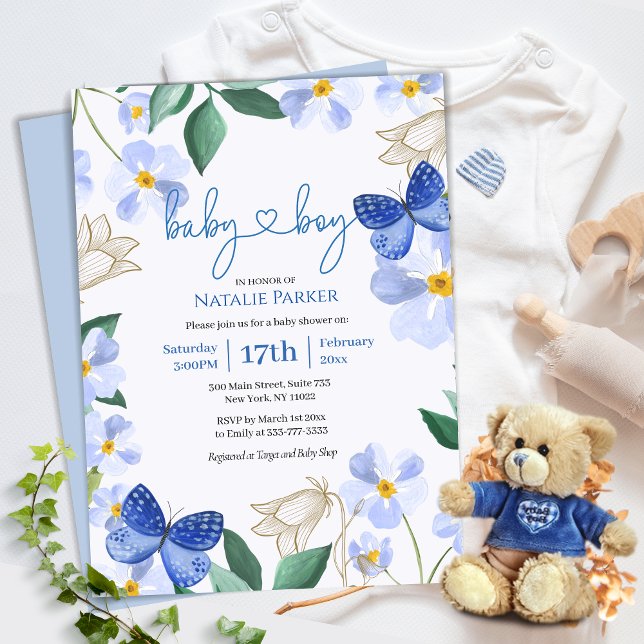 Invitation Aquarelle florale papillon bleu | Baby shower garç (Créateur téléchargé)
