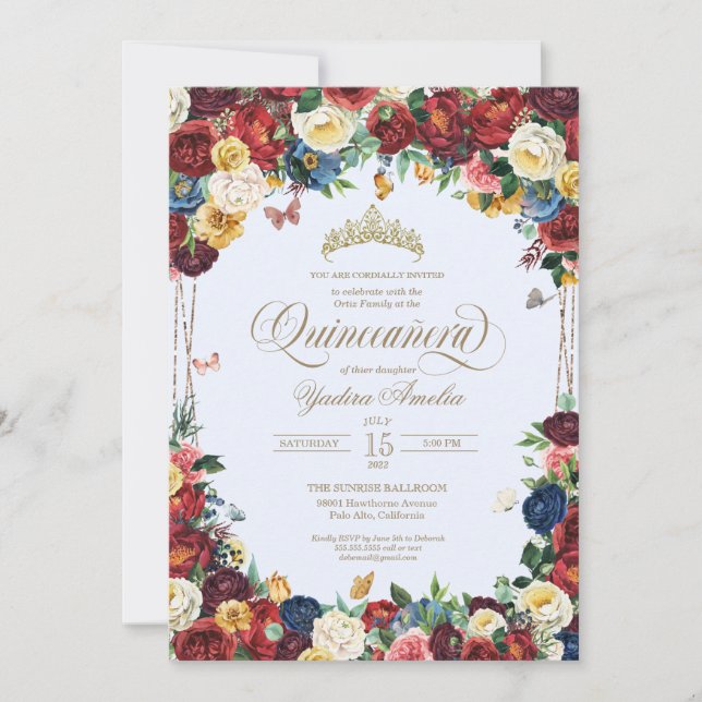 Invitation Aquarelle florale papillon bleu Quinceañera (Devant)