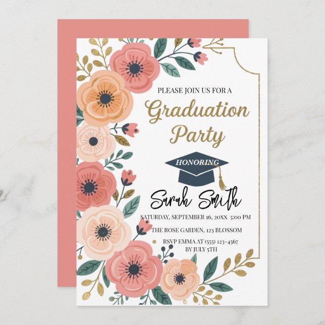 Invitation Aquarelle florale parties scintillant or graduatio (Devant / Derrière)