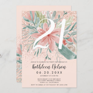 Invitation Aquarelle florale Parties scintillant rose pâle 21