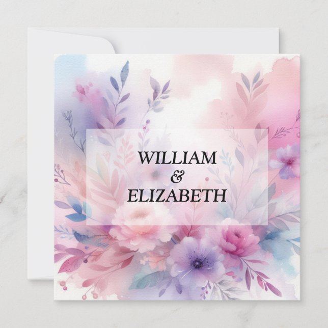 Invitation Aquarelle florale pastel rose et violet couleurs (Devant)