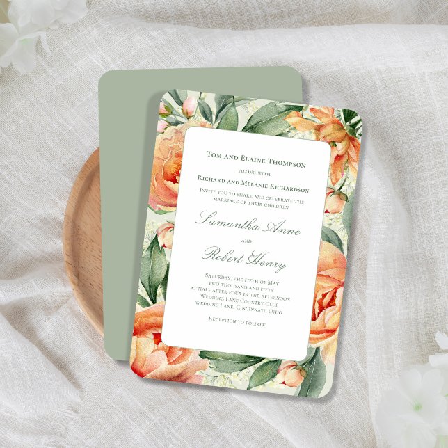 Invitation Aquarelle florale pêche et verdure Élégant mariage (Elegant peach floral wedding design with soft greenery and romantic script, perfect for a timeless.)