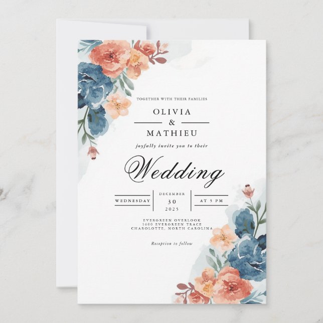 Invitation Aquarelle Florale Pêche Mariage bleu (Devant)