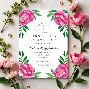 Invitation Aquarelle florale Peonies roses Première communion