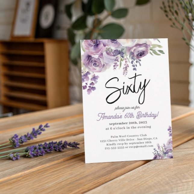 Invitation Aquarelle florale pourpre 60e anniversaire Invitat (Créateur téléchargé)