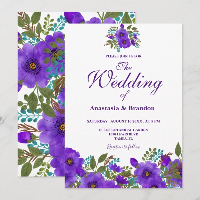 Invitation Aquarelle florale pourpre | MARIAGE (Devant / Derrière)