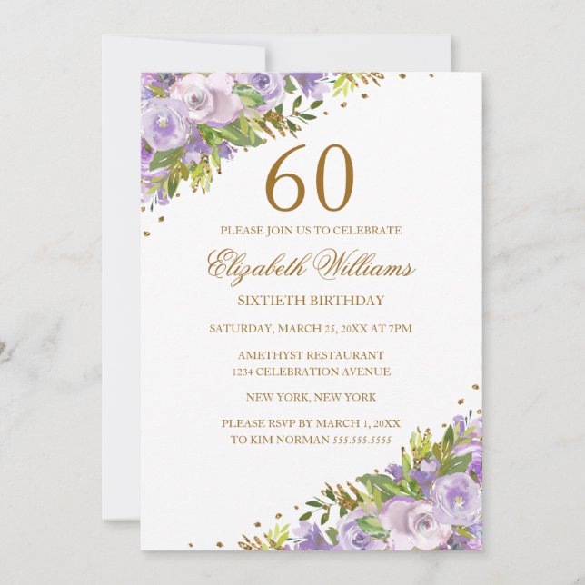 Invitation Aquarelle florale pourpre Or 60e anniversaire (Devant)
