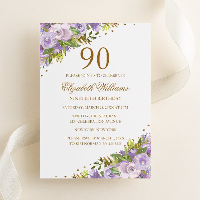 Invitation Aquarelle florale pourpre or 90e anniversaire (Créateur téléchargé)