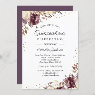 Invitation Aquarelle florale pourpre or Quinceanera Invitatio