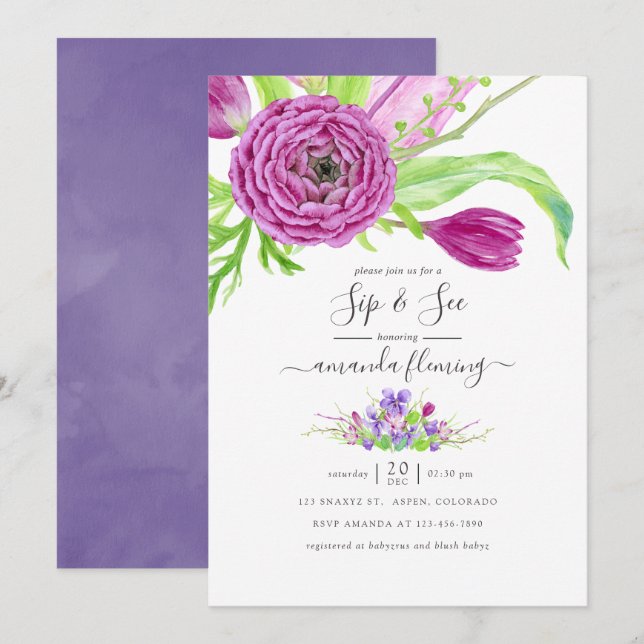 Invitation Aquarelle Florale Printemps Sip and See (Devant / Derrière)