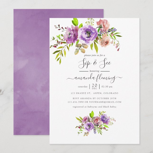 Invitation Aquarelle Florale Printemps Sip and See (Devant / Derrière)