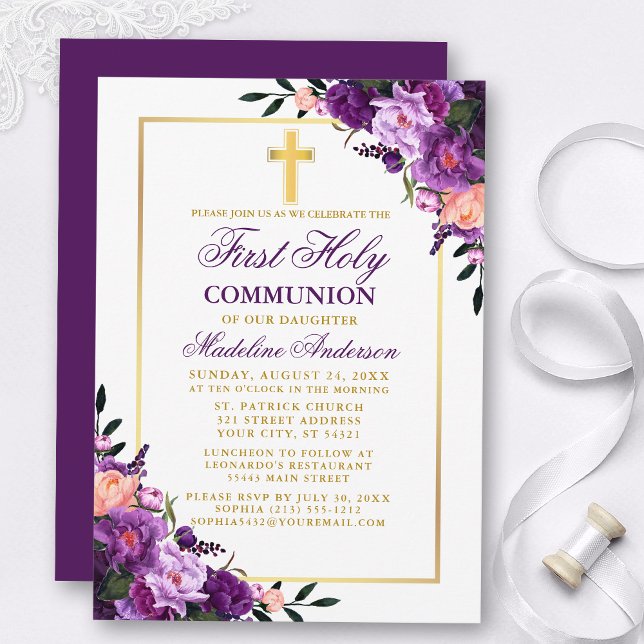 Invitation Aquarelle Florale Purple Gold Première communion (Customize to change text color, style, add text & photos to back or change color of back of card.)