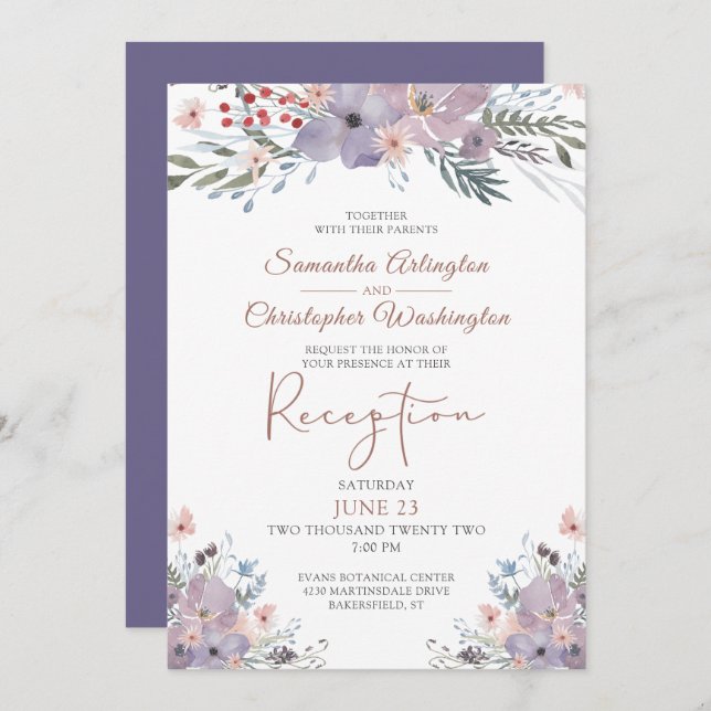 Invitation Aquarelle Florale Purple Mariage Réception (Devant / Derrière)