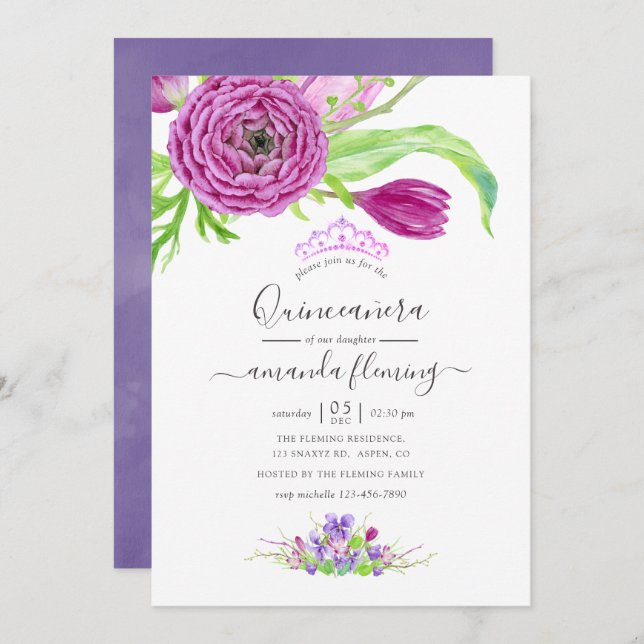 Invitation Aquarelle Florale Quinceañera (Devant / Derrière)
