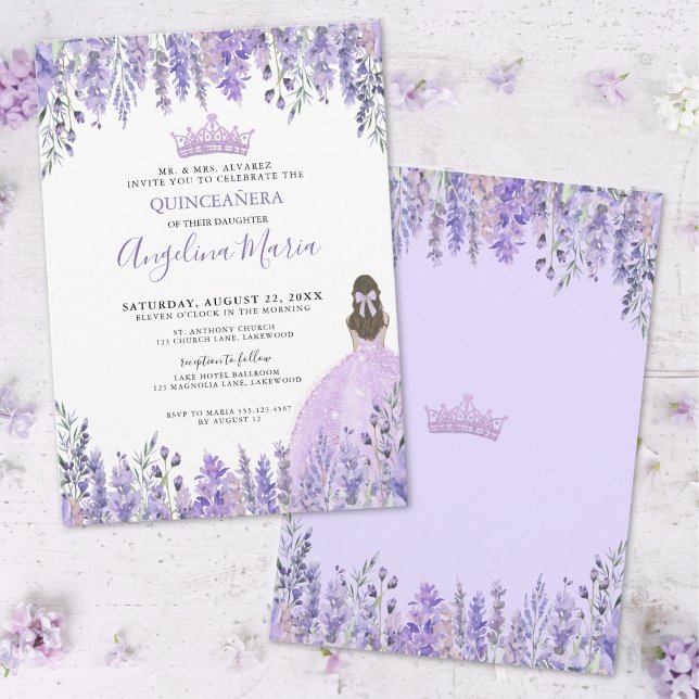 Invitation Aquarelle Florale Quinceañera Violet (Purple Lilac Tiara Floral Quinceañera Invitation)