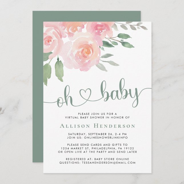 Invitation Aquarelle florale rose Baby shower virtuel (Devant / Derrière)