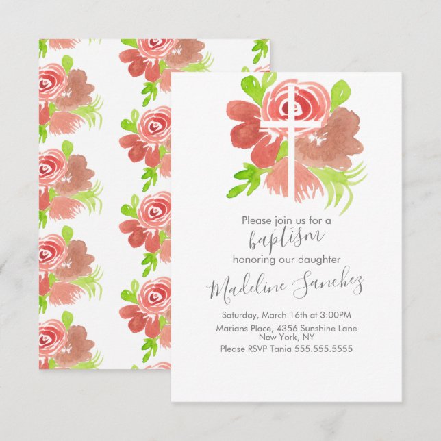 Invitation Aquarelle Florale Rose Baptême Dédicace (Devant / Derrière)