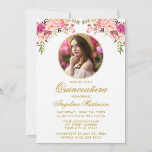 Invitation Aquarelle Florale rose Cadre rond Quinceanera