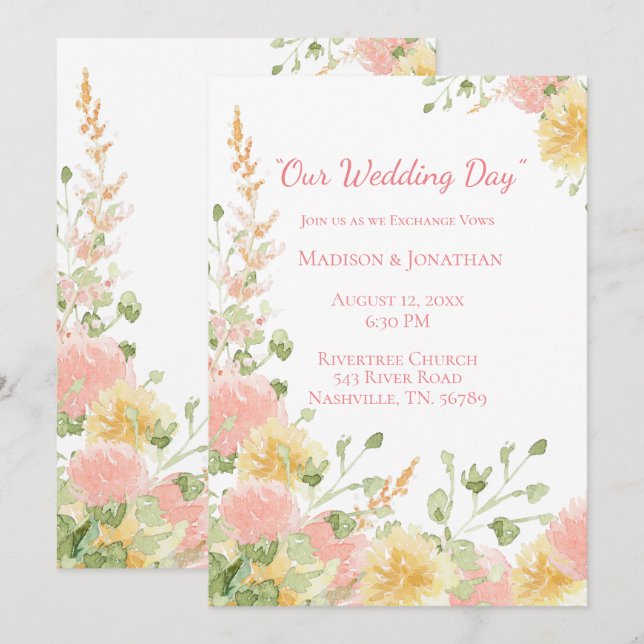 Invitation Aquarelle Florale Rose Élégant Chic Script (Devant / Derrière)