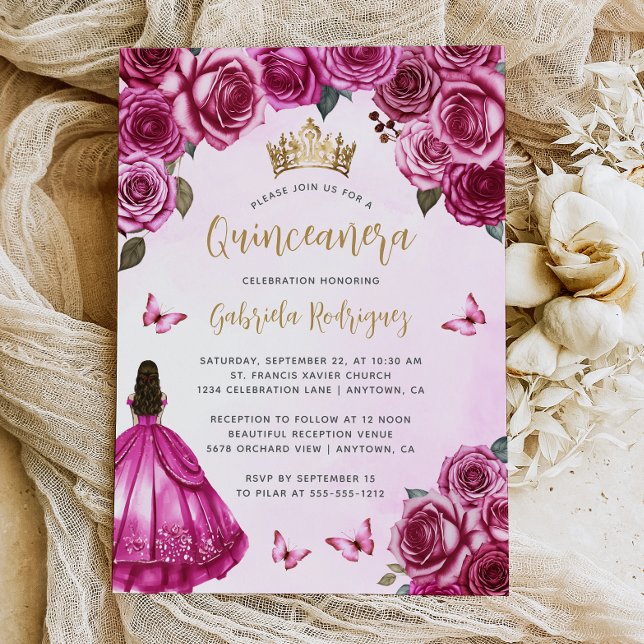 Invitation Aquarelle Florale rose Fuchsia Quinceañera (Créateur téléchargé)