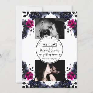 Invitation Aquarelle florale rose magenta bleu épais Date de