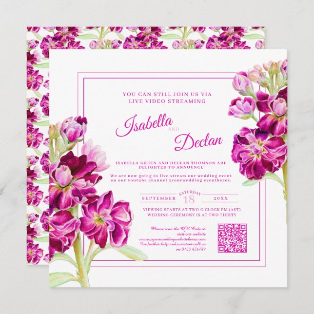 Invitation Aquarelle florale rose mariage QR Code (Devant / Derrière)