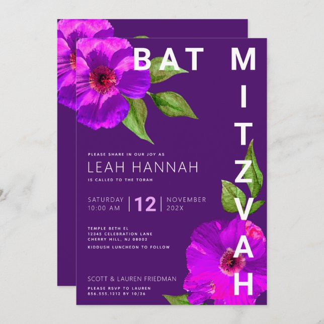Invitation Aquarelle florale rose moderne violet Bat mitzvah (Devant / Derrière)