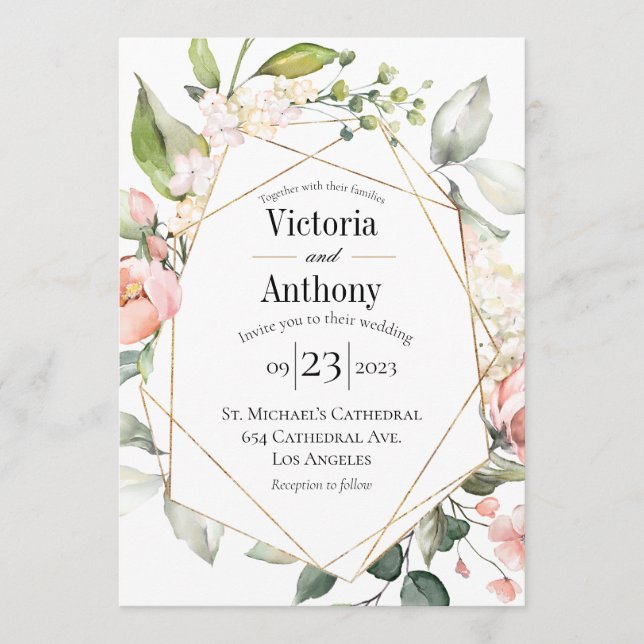 Invitation Aquarelle Florale Rose Or Mariage moderne (Devant)