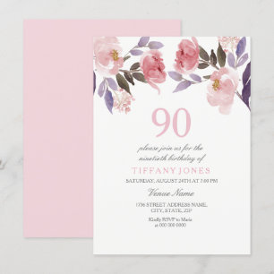 Invitation Aquarelle florale rose Peach 90e anniversaire Invi