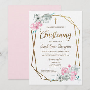 Invitation Aquarelle florale rose personnalisée Bébé Christen