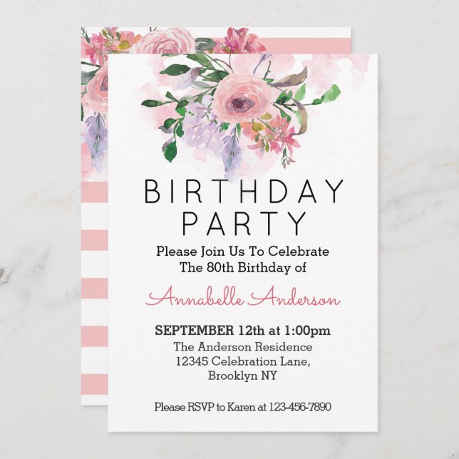 Invitation Aquarelle florale rose rose 80e anniversaire (Devant / Derrière)