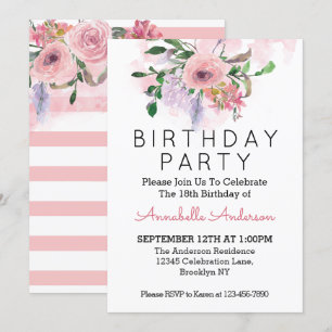 Invitation Aquarelle florale rose rose pâle 18e anniversaire