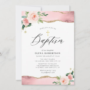 Invitation aquarelle florale rose rousse agate baptême
