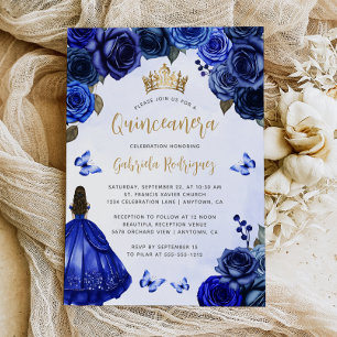 Invitation Aquarelle Florale Royal Blue Gold Quinceañera