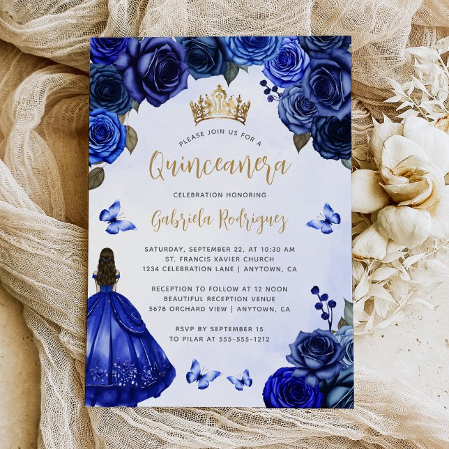 Invitation Aquarelle Florale Royal Blue Gold Quinceañera (Créateur téléchargé)