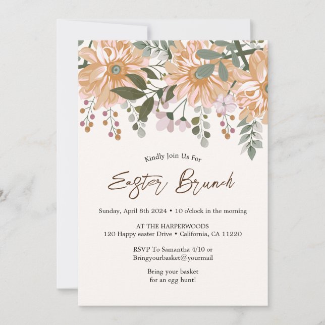Invitation Aquarelle florale simple chasse aux oeufs de brunc (Devant)
