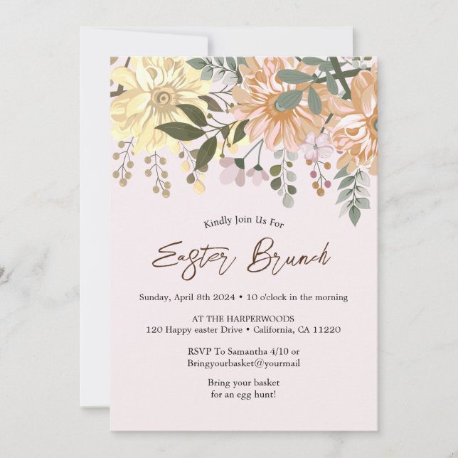 Invitation Aquarelle florale simple chasse aux oeufs de brunc (Devant)